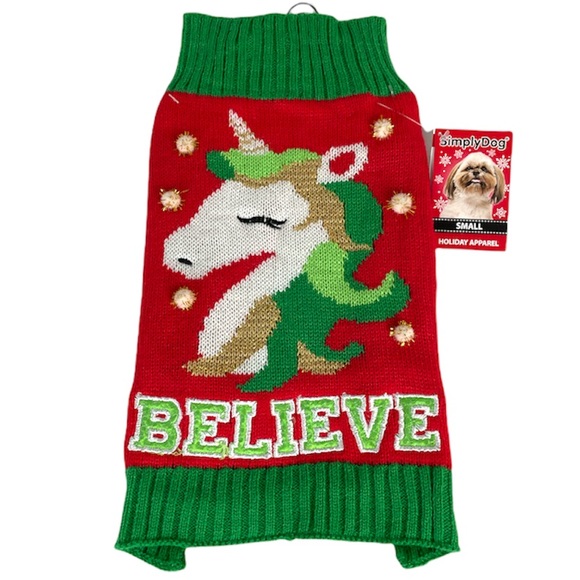Simply Dog Unicorn Believe Dog Sweater, Red, Green, Small - Picture 5 of 5